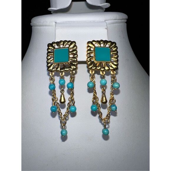 Vintage Boho Gold Tone Enameled and Bead Dangle Earrings - Picture 1 of 7